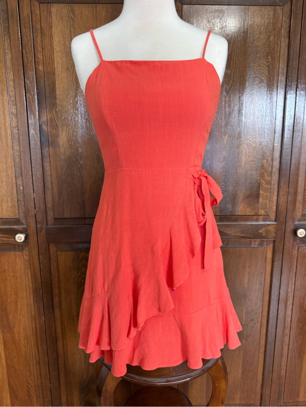 Altar'd State Linen Blend Ruffle Faux Wrap Mini Dress Coral Pink Size XS